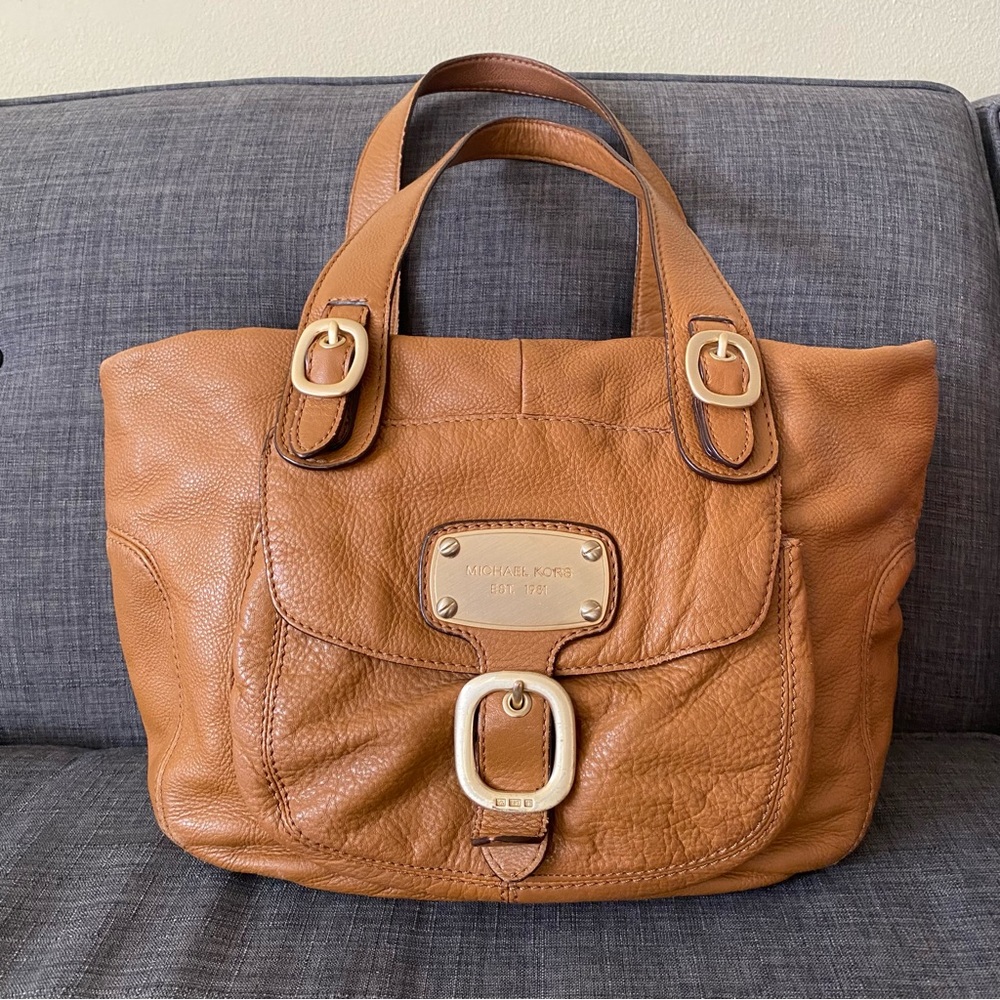 Michael Kors Caramel Brown Textured Leather Medium Shoulder Bag Satchel Buckle